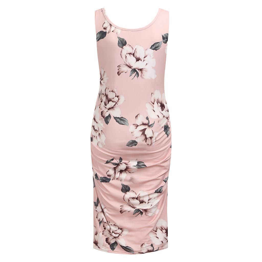 Womola Women's Maternity Dress Floral Print Knee-Length Bodycon Maxi Dress for Baby Shower, Pregnancy Photo Shoot & Special Occasions - Pink