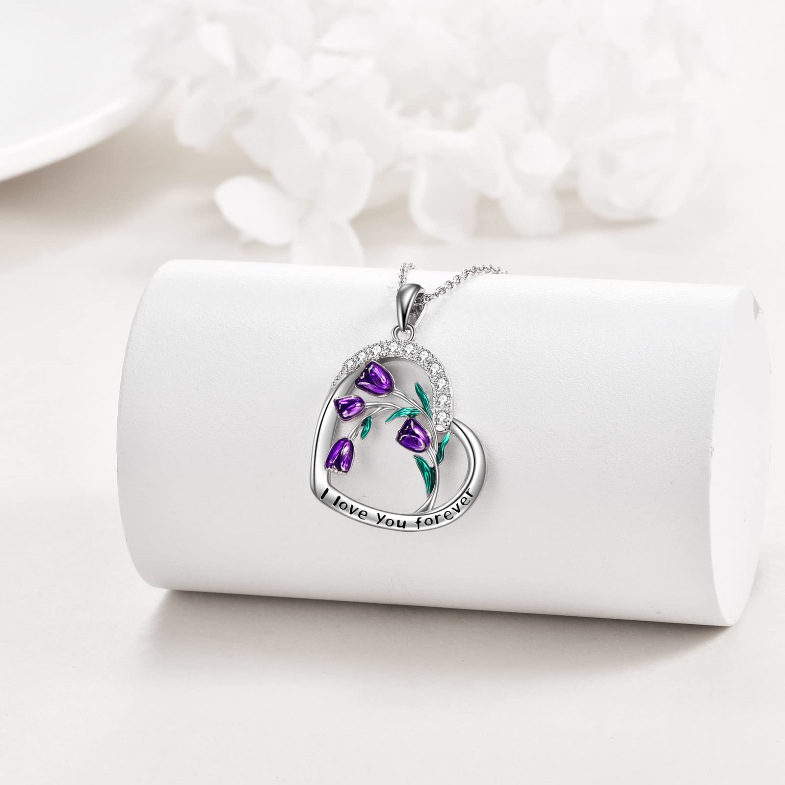 CRMAD Sterling Silver Purple Tulips Necklace with Moonstone & Crystal Cross Flower Pendant - Elegant Jewelry Gift for Mother's Day, Birthday, Anniversary | Perfect for Weddings, Parties & Special Occasions
