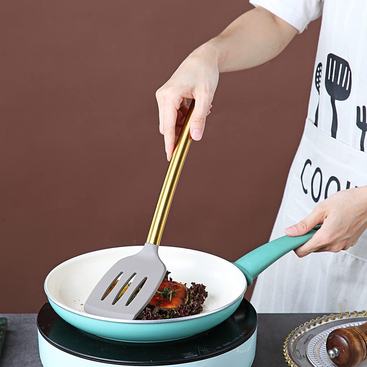 Premium Gold Plated Non-Stick Silicone Slotted Turner - Berglander Titanium Handle Cooking Spatula for Kitchen & BBQ | Dishwasher Safe & Easy to Clean | Perfect for Flipping Pancakes, Burgers & Grilling
