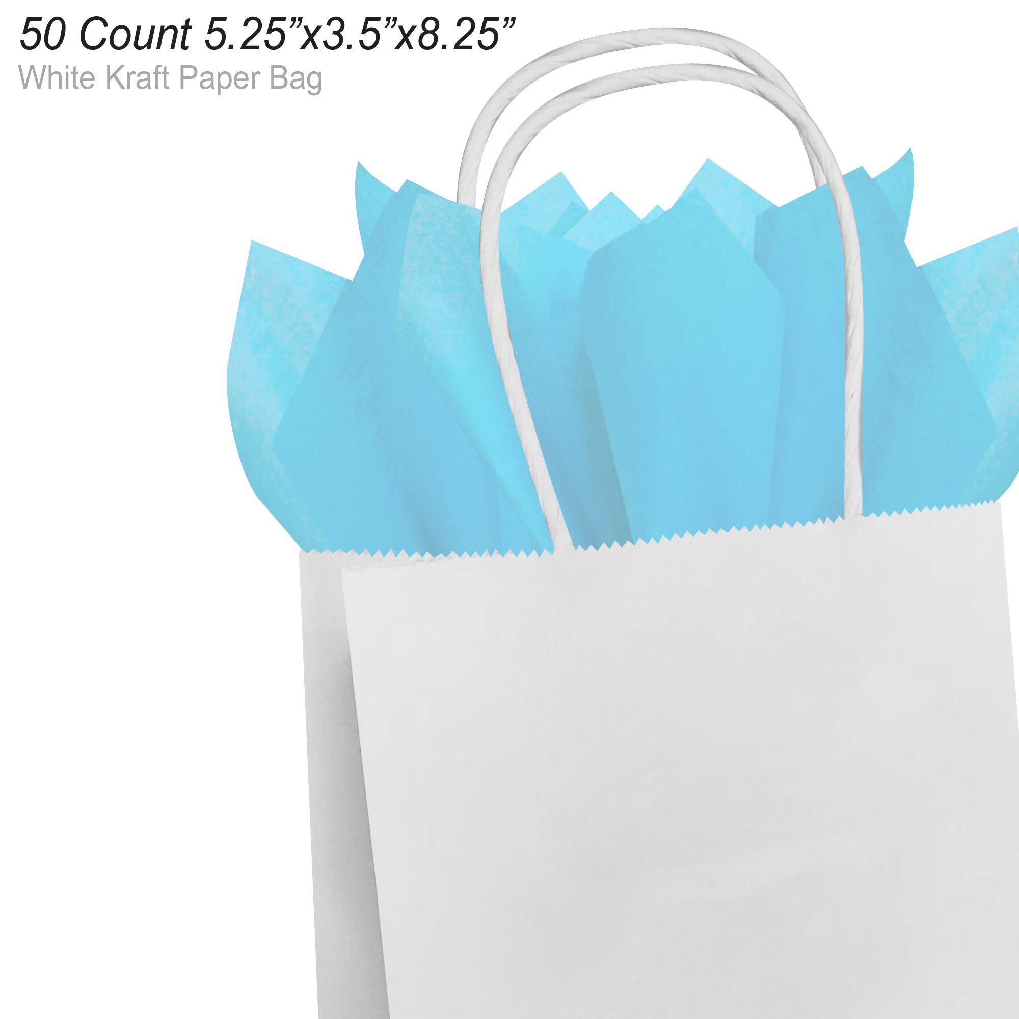 Premium White Kraft Paper Gift Bags with Light Blue Tissue Wrap - 5.25