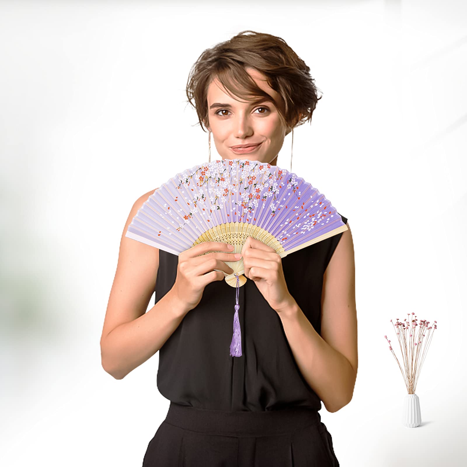 Elegant Slik Folding Hand Fan - Premium Bamboo Frame with Storage Bag & Tassel | Cooling, Performance, Decoration & Gift | Classic Ink Plum Violet Gradient Design | Perfect for Summer, Weddings, Theater & Home Décor