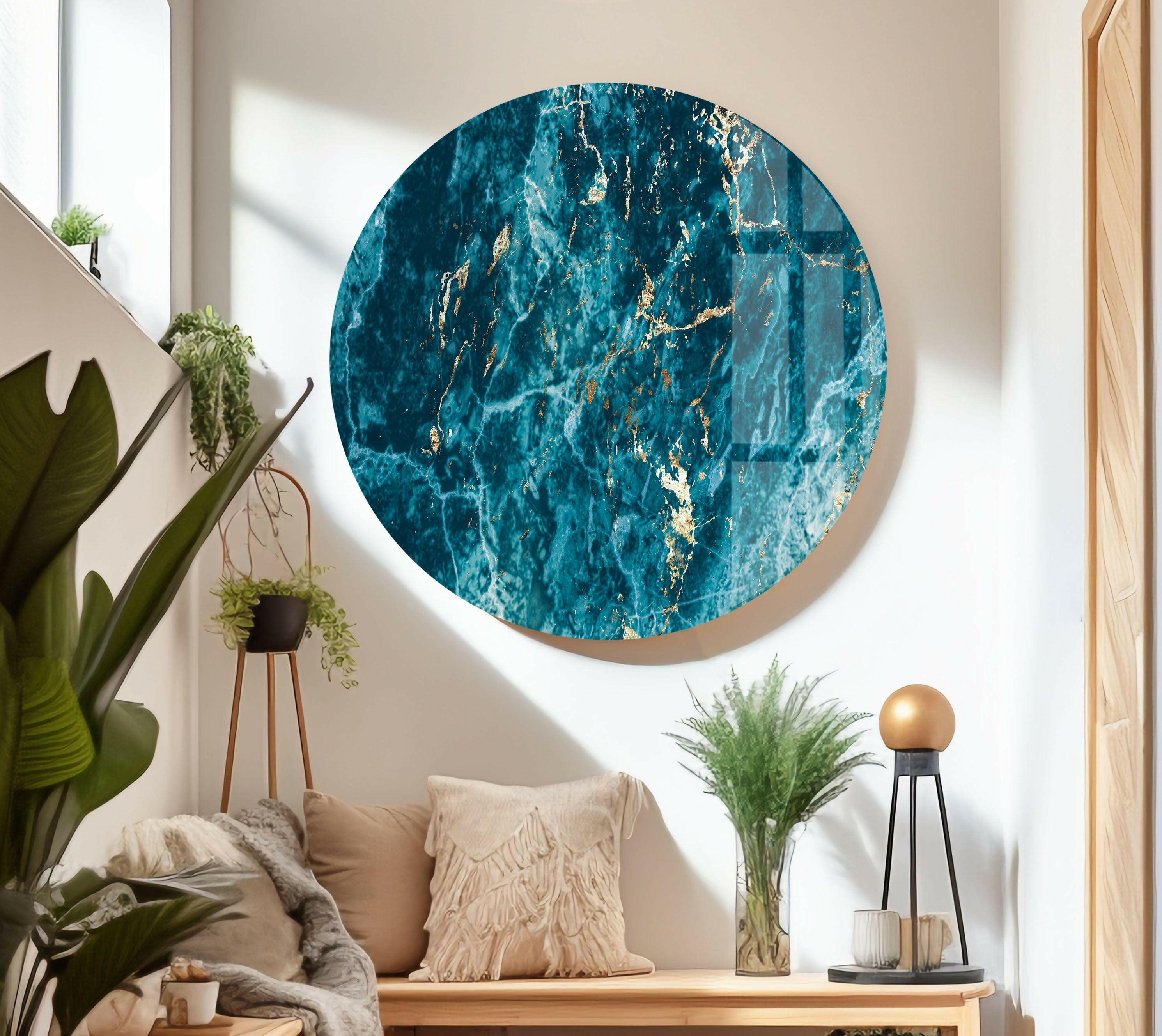Blue Turquoise Marble Glass Wall Art - Handmade Modern Home Decor for Living Room, Bedroom & Office - Elegant Glass Wall Hangings for Interior Design