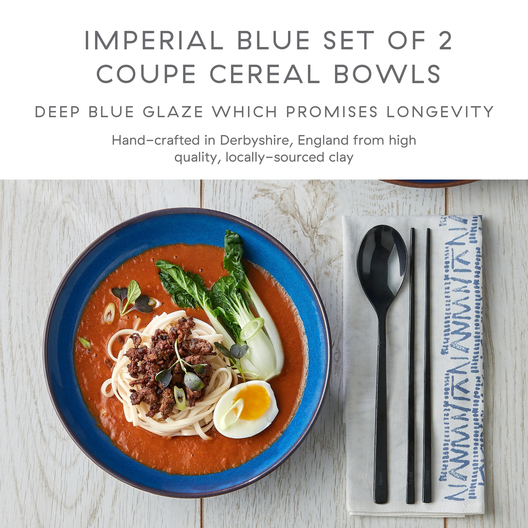 Denby Imperial Blue 2-Piece Coupe Cereal Bowl Set - Elegant Stoneware Breakfast Bowls for Cereal, Soup & Dessert | Perfect for Home Dining & Entertaining