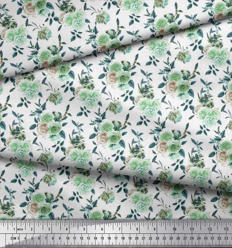 Soimoi Viscose Chiffon Fabric - 42 Inch Wide Green Printed Fabric with Rose & Leaf Floral Pattern - by The Yard for DIY Dresses, Curtains, and Home Decor - Romantic Floral Material for Sewing Projects