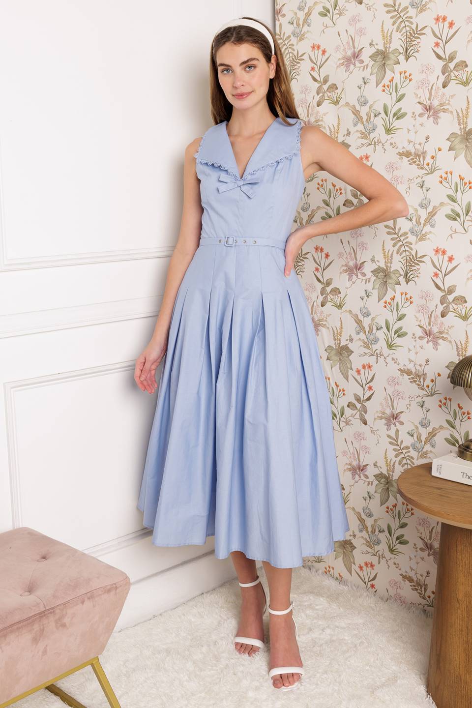 Country Fair Powder Blue Midi Dress - Elegant Floral Summer Dress for Women, Perfect for Weddings, Parties & Casual Outings