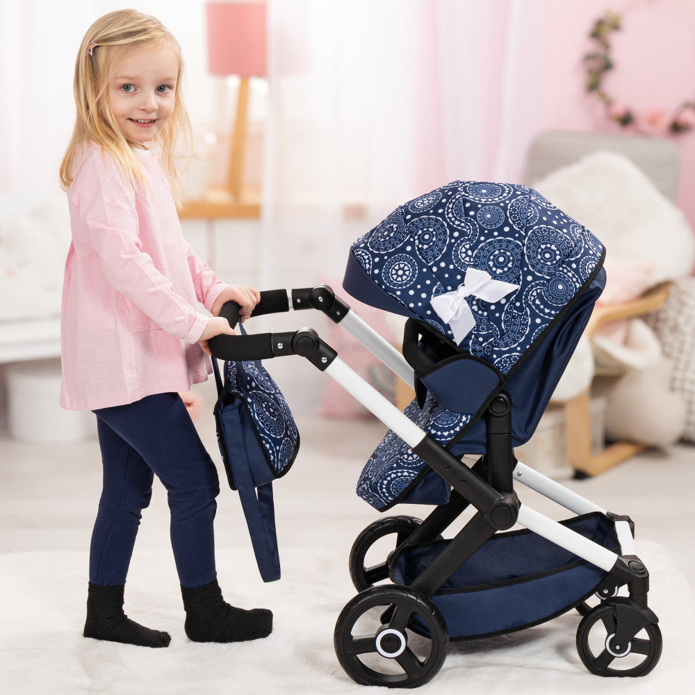 Bayer Design Xeo Pram Doll Stroller - Blue & White Circle Pattern for 18