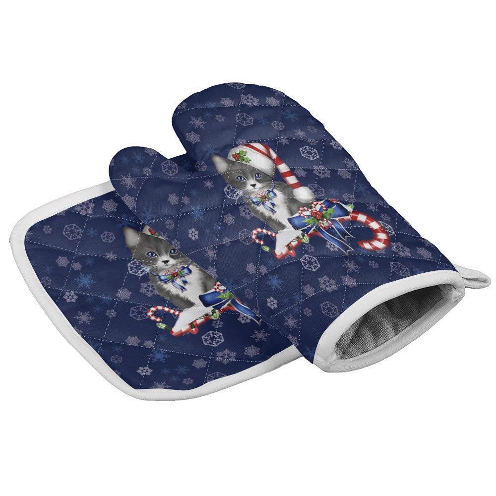 Cute Christmas Cat with Santa Hat Heat Resistant Oven Mitts and Pot Holders Set - Non-Slip Kitchen Gloves for Cooking, Baking, BBQ & Grilling - Perfect Holiday Gift for Home Chefs