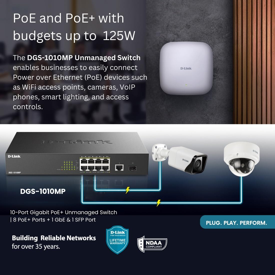 D-Link 8-Port/10-Port Unmanaged PoE Switch with 1 Gigabit Ethernet Port & 1 SFP Uplink Port, 125W PoE Budget, Fanless Rackmount Plug & Play (DGS-1010MP) - Black | Ideal for Home Office, Small Business Network & IP Camera Systems
