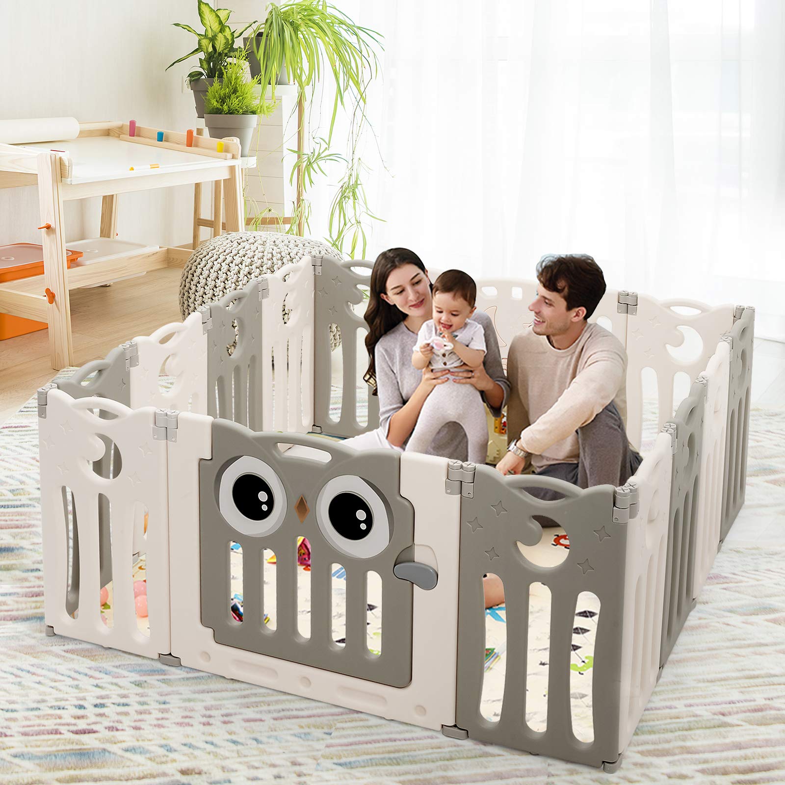 Costzon 14-Panel Foldable Baby Playpen with Locking Door - Non-Slip Rubber Bases & Pads for Safety - Indoor/Outdoor Adjustable Play Yard for Toddlers & Infants (Beige) - Perfect for Home, Nursery, Daycare & Backyard Use