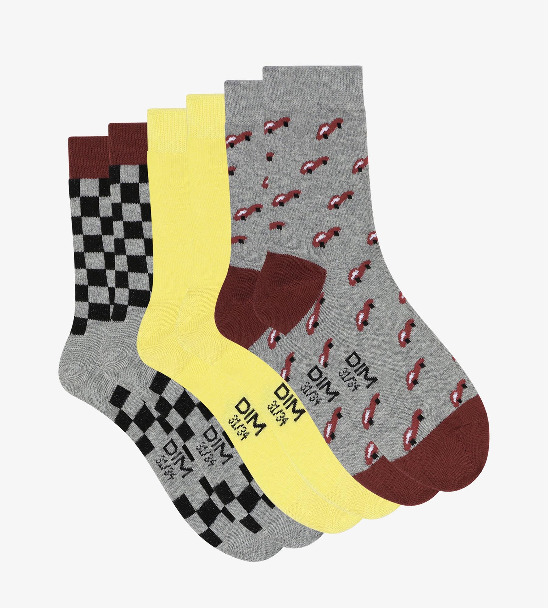 3-Pack Kids Checkered Socks - Grey & Yellow Cotton Crew Socks for Boys & Girls - Soft Breathable Everyday Socks for School, Sports & Play