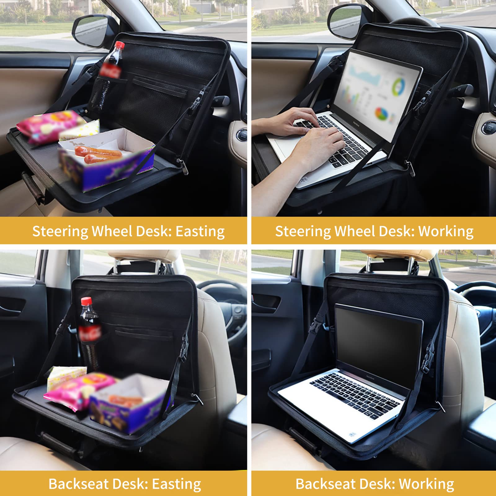 Matybobe 3-in-1 Auto Steering Wheel Desk - Foldable Car Laptop Tray, Backseat Organizer & Tablet Holder for Eating, Working & Road Trips | Perfect for Commuters, Delivery Drivers & Family Travel