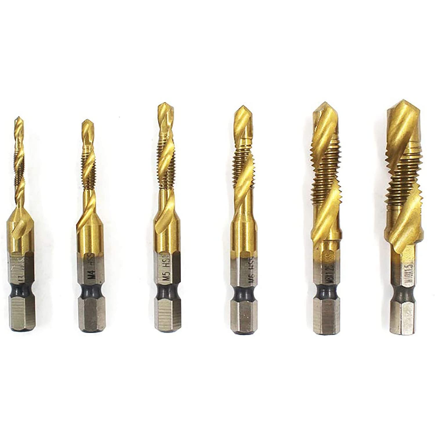 6PCS Hex Shank Drill Bit Set - HSS Titanium Coated Spiral Drill & Tap Bits for Soft Metal, Wood, PVC, Plastic - Perfect for DIY Projects, Woodworking, and Home Repairs