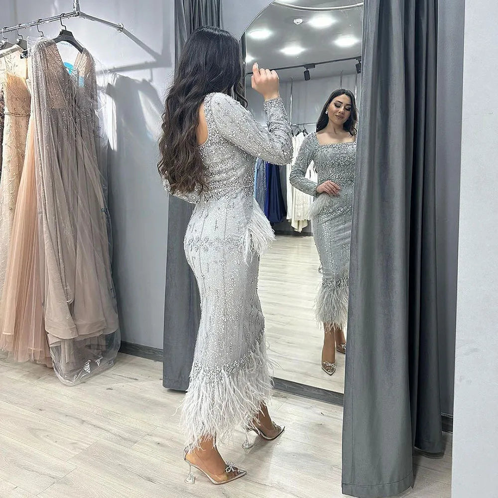 Elegant Silver Gray Mermaid Tea Length Evening Dress with Feathers - LA71669L - Perfect for Prom, Cocktail Parties & Formal Events