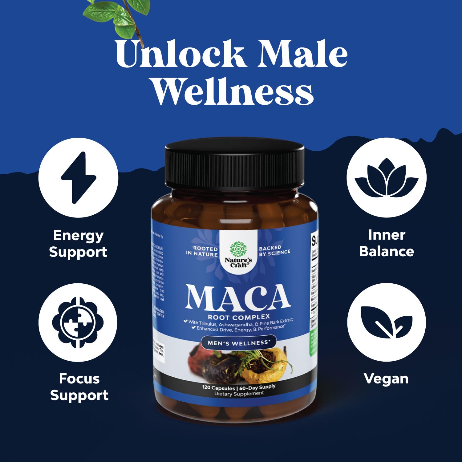 Potent Black Maca Root Capsules for Men - Natural Herbal Supplement with Siberian Ginseng & Ashwagandha - Supports Energy, Vitality & Overall Health (60 Capsules) - Perfect for Daily Wellness Routine, Workout Recovery & Stress Relief
