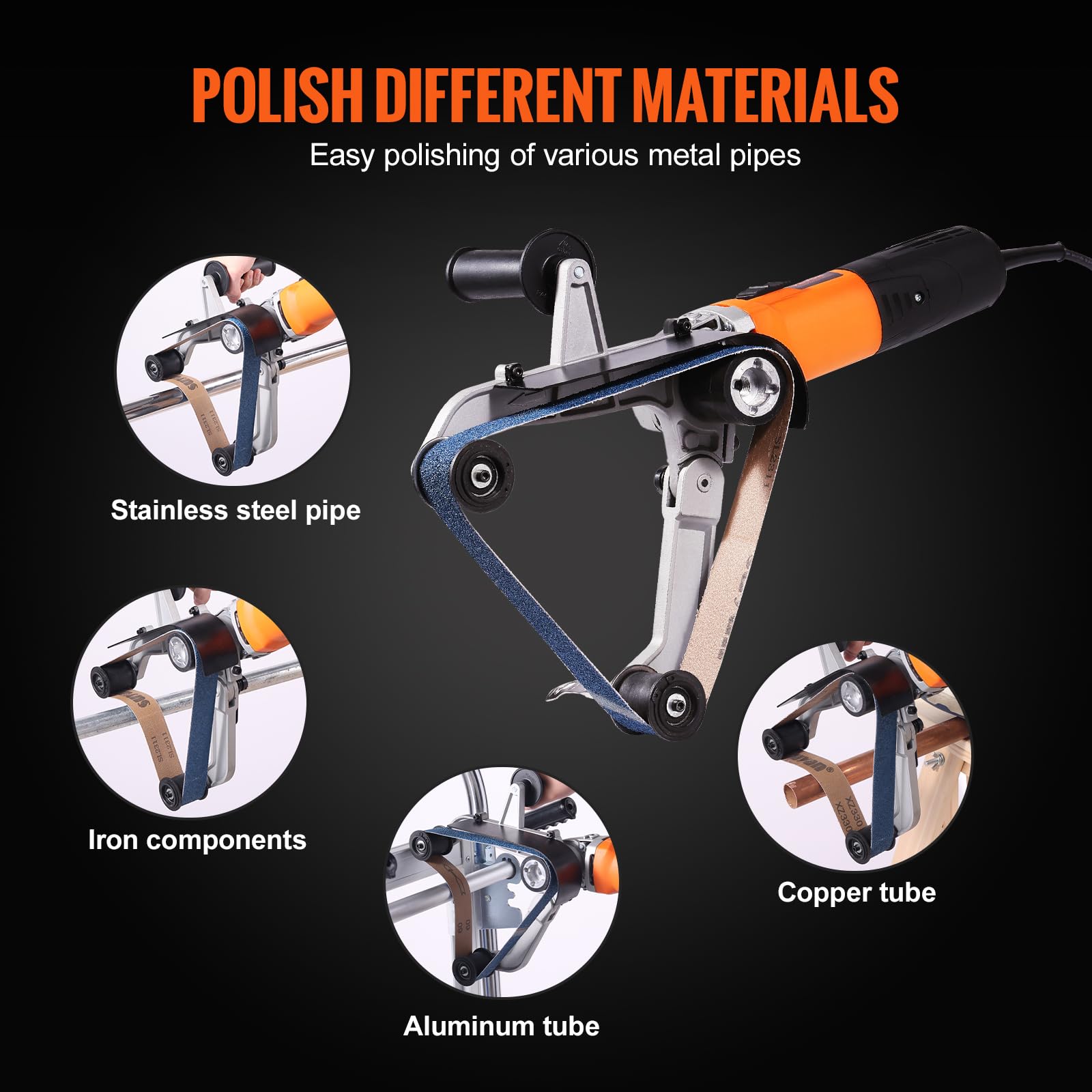 VEVOR 1000W Professional Pipe Tube Polisher & Belt Sander - 6 Adjustable Speeds (1100-3200 RPM) with 100 Sanding Belts for Metal Finishing, Rust Removal & Surface Burnishing - Ideal for DIY Projects, Metalworking & Industrial Applications