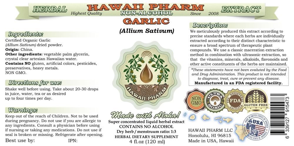 Organic Garlic (Allium sativum) Alcohol-Free Liquid Extract - 32 oz Unfiltered Herbal Supplement by Hawaii Pharm | Natural Immune Support & Heart Health Booster | Perfect for Cooking, Wellness Tonics & Daily Health Maintenance