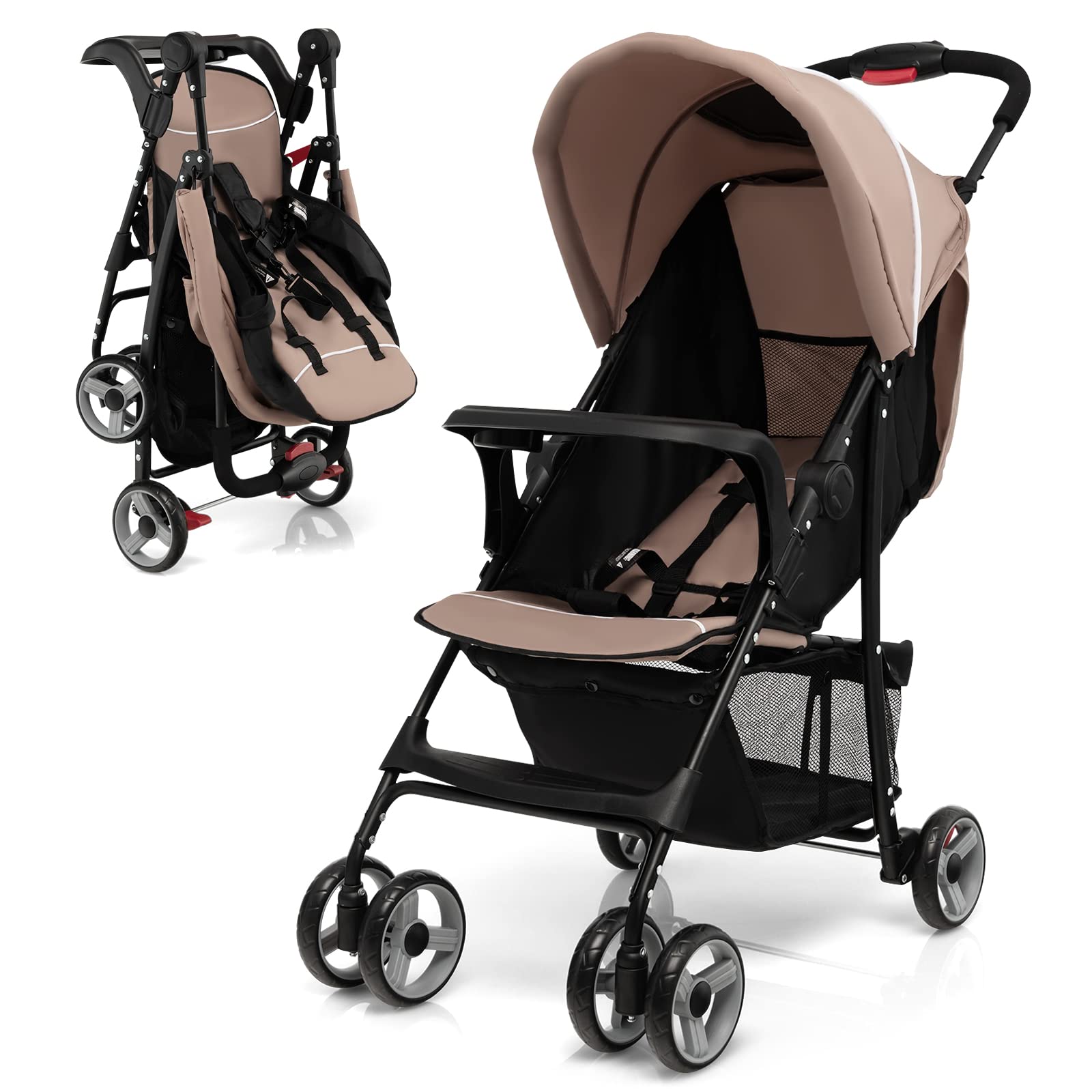 HONEY JOY Lightweight Compact Travel Stroller for Toddlers & Infants - Adjustable Canopy, Reclining Backrest, Storage Basket - Airplane Approved Foldable Umbrella Stroller (Coffee) - Perfect for Air Travel, Shopping, and Daily Walks