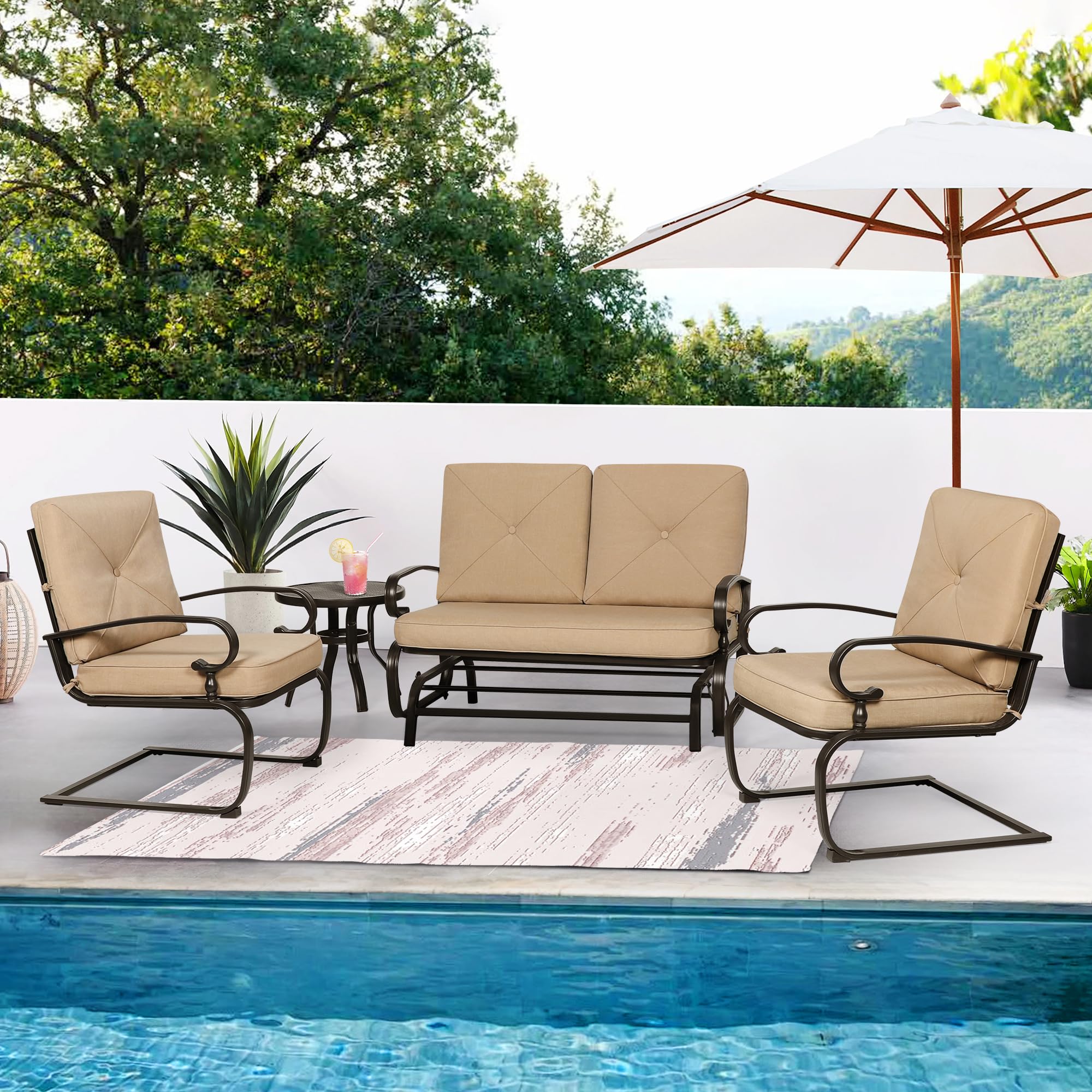 4Pcs Outdoor Metal Patio Furniture Set - Wrought Iron Glider, Bistro Table & 2 Spring Lounge Chairs (Brown) - Perfect for Garden, Backyard & Porch Relaxation