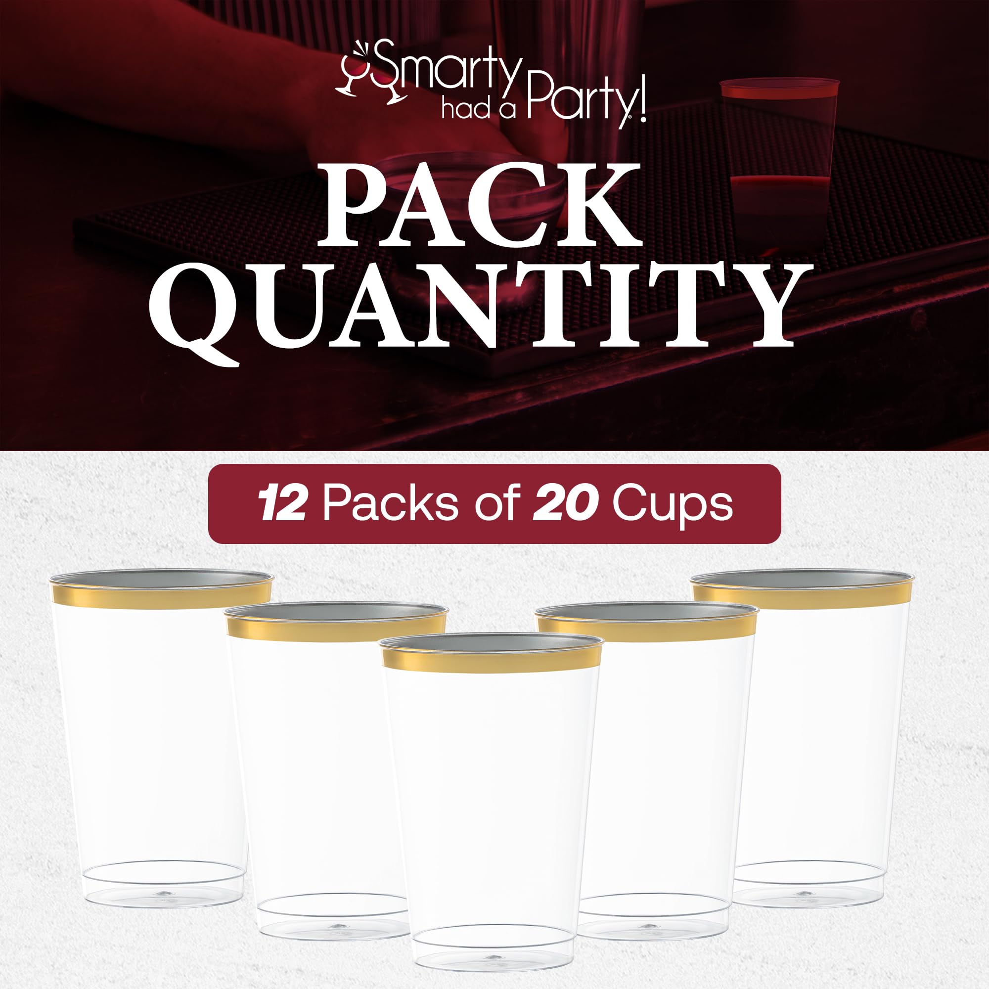 Smarty Had A Party 12 oz Clear Disposable Plastic Cups with Gold Rim – 240 Pack of Elegant Tumbler Cups for Cocktails, Iced Coffee, Party Drinks & Events – Perfect for Weddings, Birthday Parties, and Office Gatherings