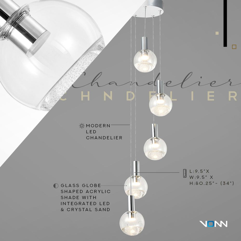 VONN Sienna 5-Light LED Chandelier with Globe Shades - Polished Chrome Finish - Modern Ceiling Light Fixture for Dining Room, Living Room & Bedroom