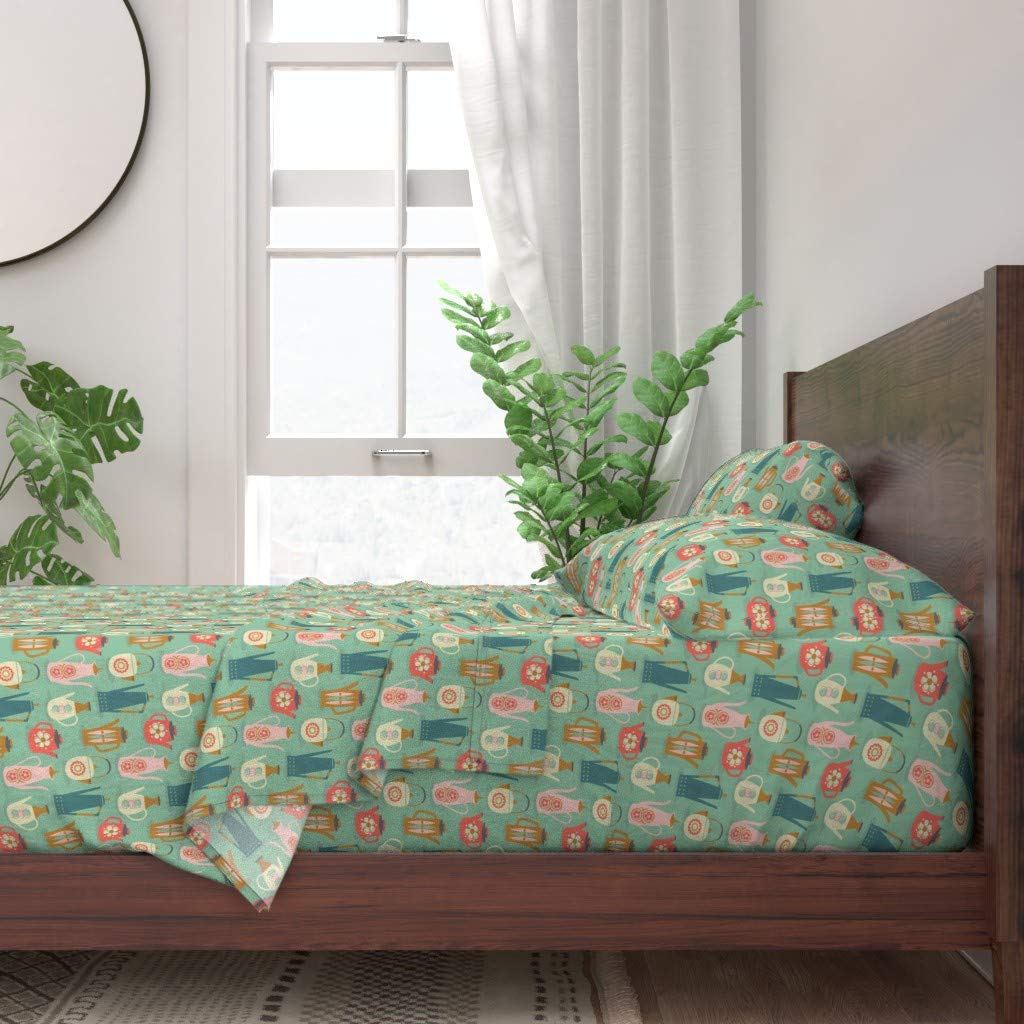 Vintage 1960s Teapot Print 100% Cotton Queen 4-Piece Bedding Set - Mid Century Modern Kitchen Theme Custom Sheets for Tea & Coffee Lovers - Perfect for Retro Home Decor, Guest Room Makeover, and Vintage Style Bedrooms