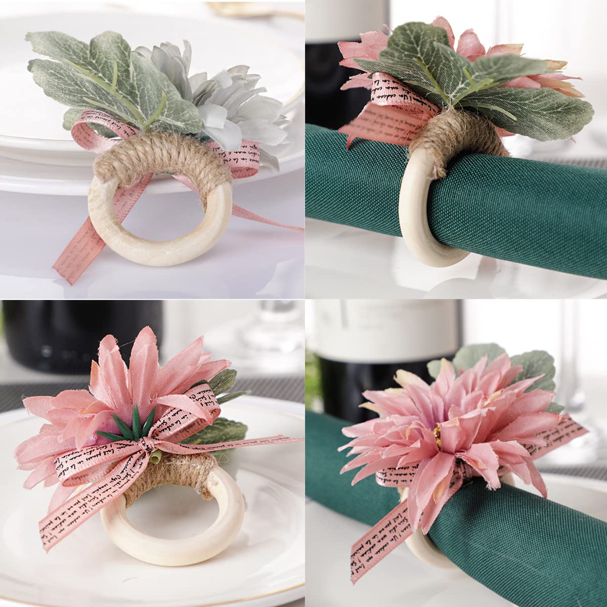 Set of 6 Floral Napkin Rings - Handcrafted Rose Vine Design Spring Table Decor | Perfect for Wedding, Easter, and Spring Dinner Party Decorations