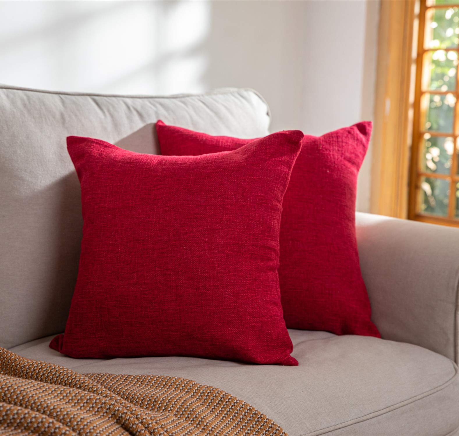 Elara Star Set of 2 Linen Throw Pillow Covers 20x20 Inch - Solid Square Decorative Couch Sofa Bed Chair Pillow Cases - Soft & Breathable Red Linen Fabric - Perfect for Living Room, Bedroom & Home Decor