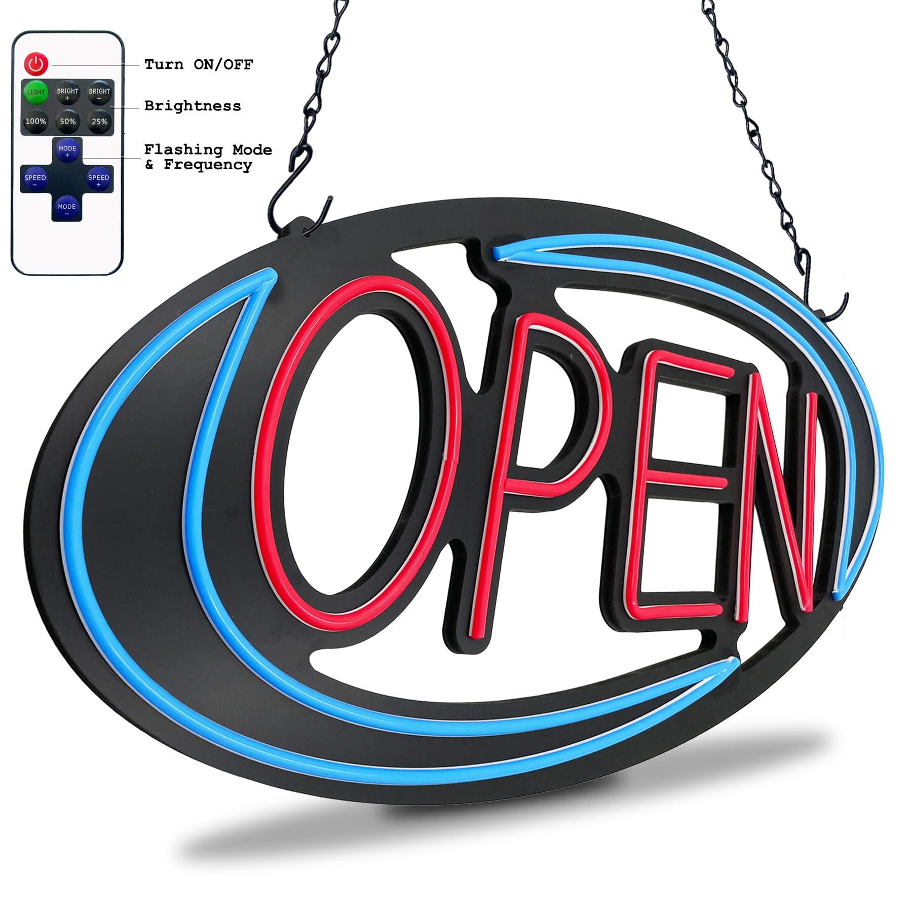 32x16 Inch Large Bright LED Open Sign for Business - Remote Control & Flashing Modes, Blue/Red Neon Light with ON/OFF Switch - Perfect for Window, Door, Bar, Coffee Shop, Salon, and Retail Store Display