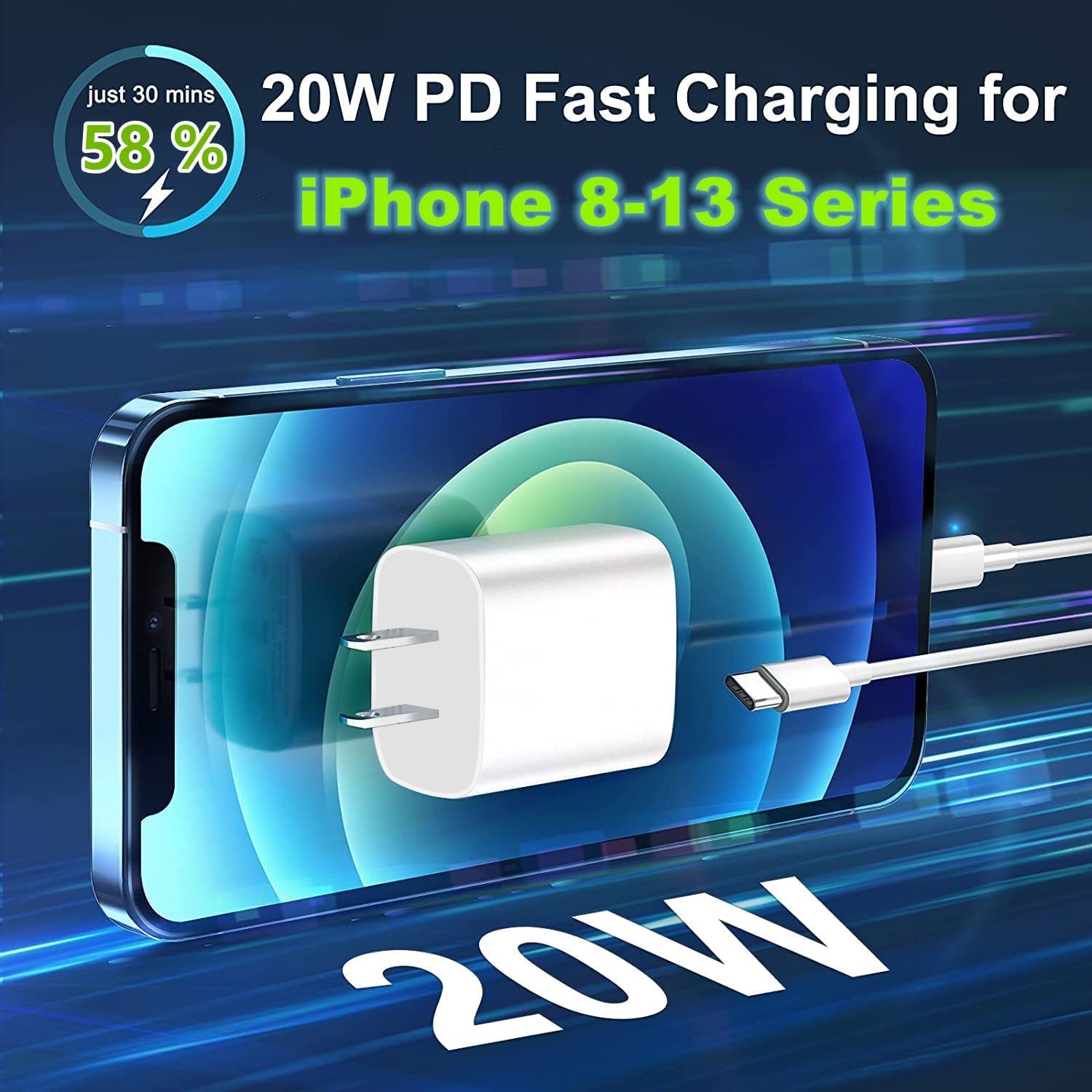 20W PD Fast Charger Cable for iPhone - USB C Wall Charger & Type C Power Adapter with Lightning Cable - Compatible with iPhone 14/13 Pro/12/11/XS/Max/XR/X/8 Plus/SE 2022 & iPad - Perfect for Home, Office & Travel Charging