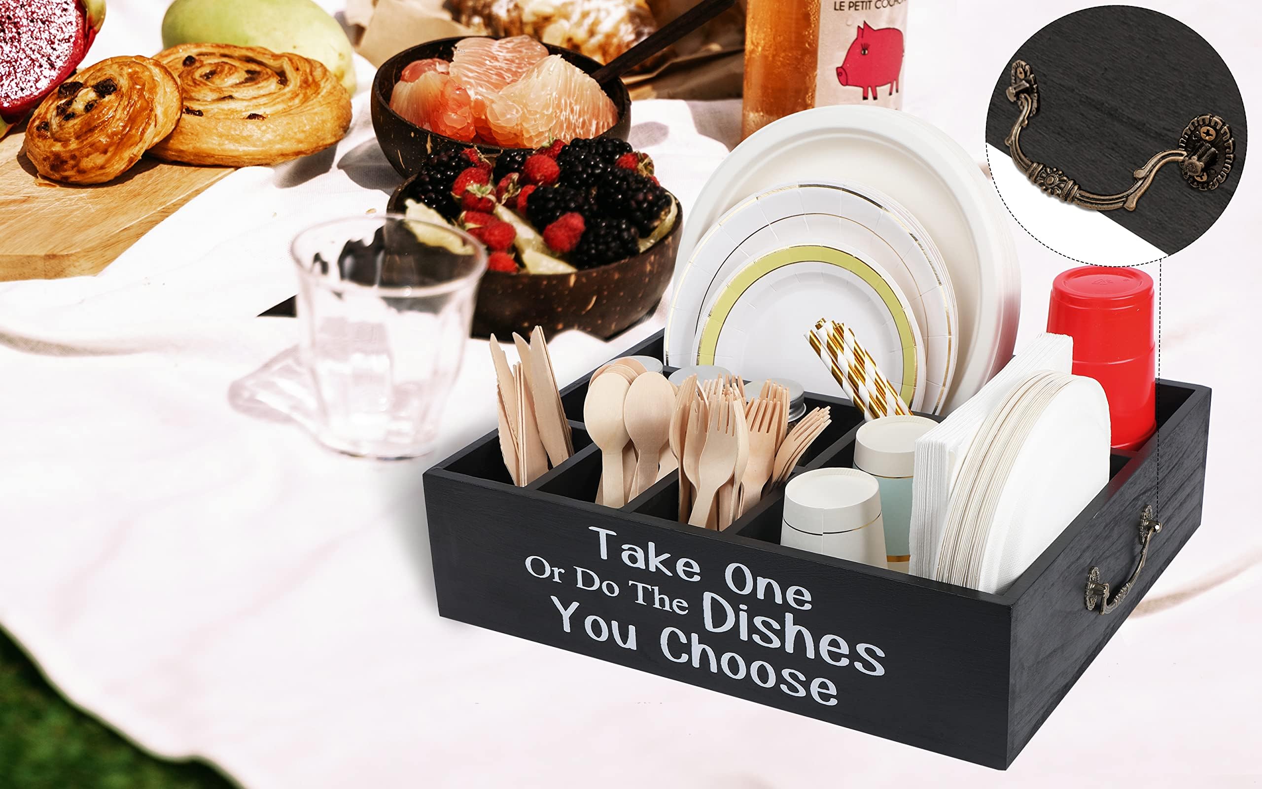 **Wooden Kitchen Utensil Organizer - Silverware Caddy for Forks, Spoons, Cups & Napkins - Countertop Storage Holder with Paper Plate Dispenser - Perfect for Party, Picnic & Dining Room Organization**