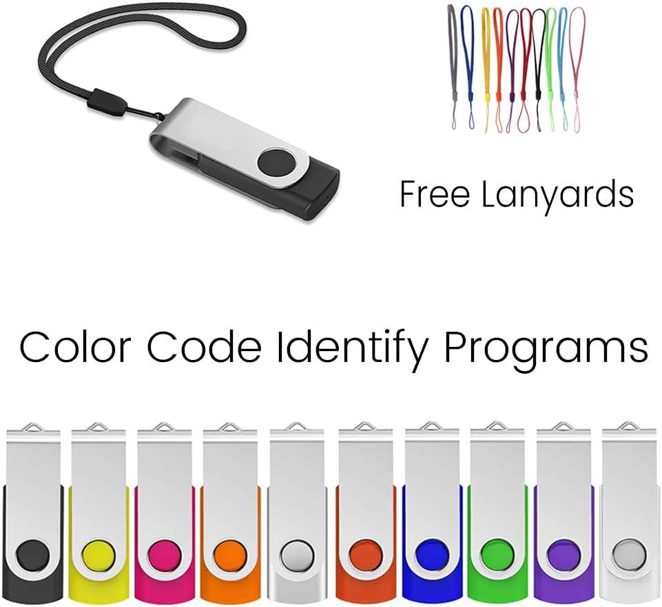 1GB USB Flash Drive 10-Pack - Swivel Thumb Drives with Lanyards for Data Storage & Office Use (Mixed Colors)