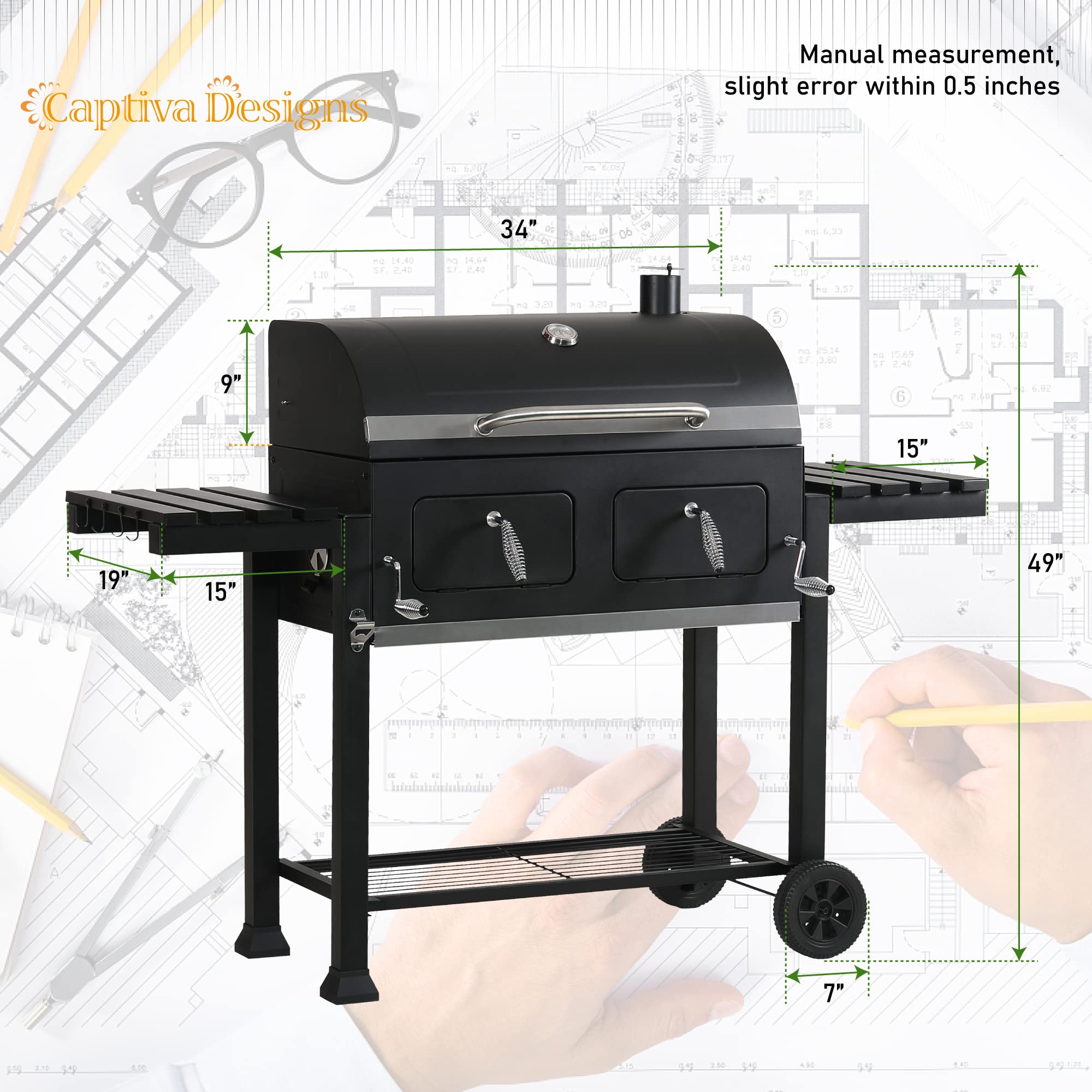 **Captiva Designs Extra Large Charcoal BBQ Grill – 794 SQIN Oversized Cooking Area, 2 Liftable Charcoal Trays & Foldable Side Tables – Perfect for Backyard BBQs, Camping & Outdoor Parties**