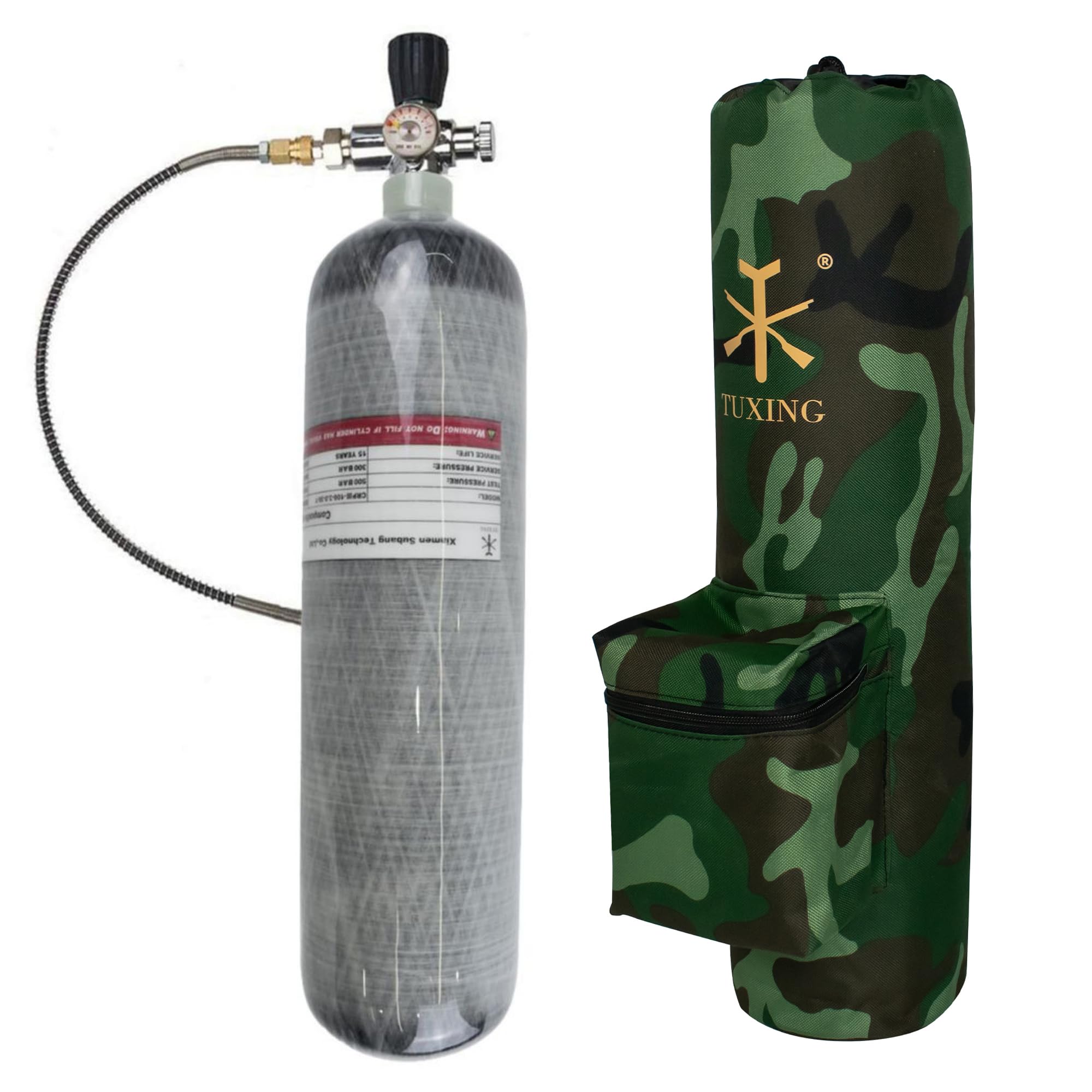 TUXING Universal 3L 4500psi Carbon Fiber PCP Air Tank (Empty) with Carry Bag, Paintball Fill Station & Valve Regulator Gauge - Perfect for PCP Air Rifles, Paintball Games & Outdoor Shooting Sports