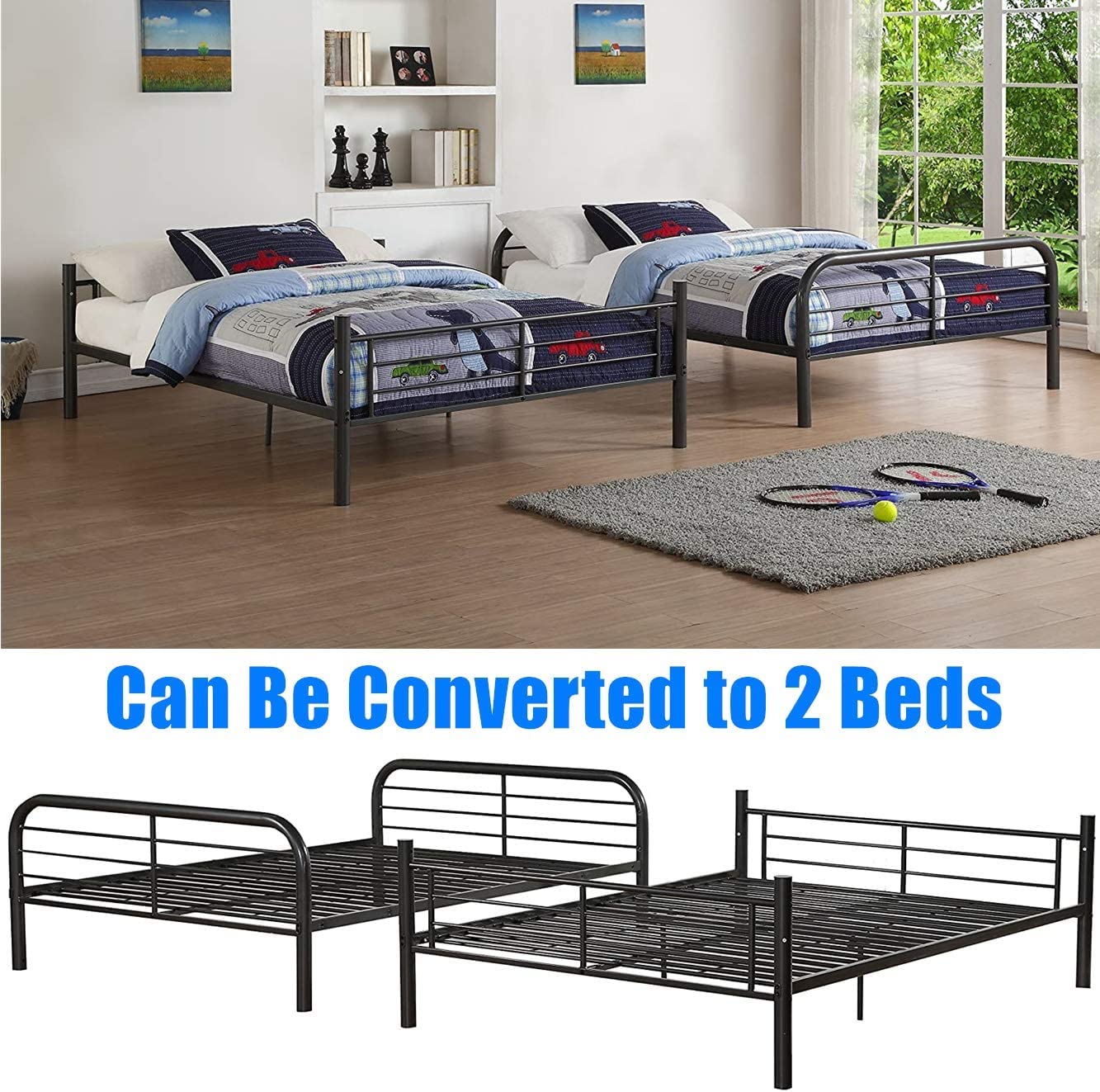 Heavy Duty Full Over Full Metal Bunk Bed with Ladder & Rails - Convertible for Kids & Adults - Perfect for Dorms & Small Spaces