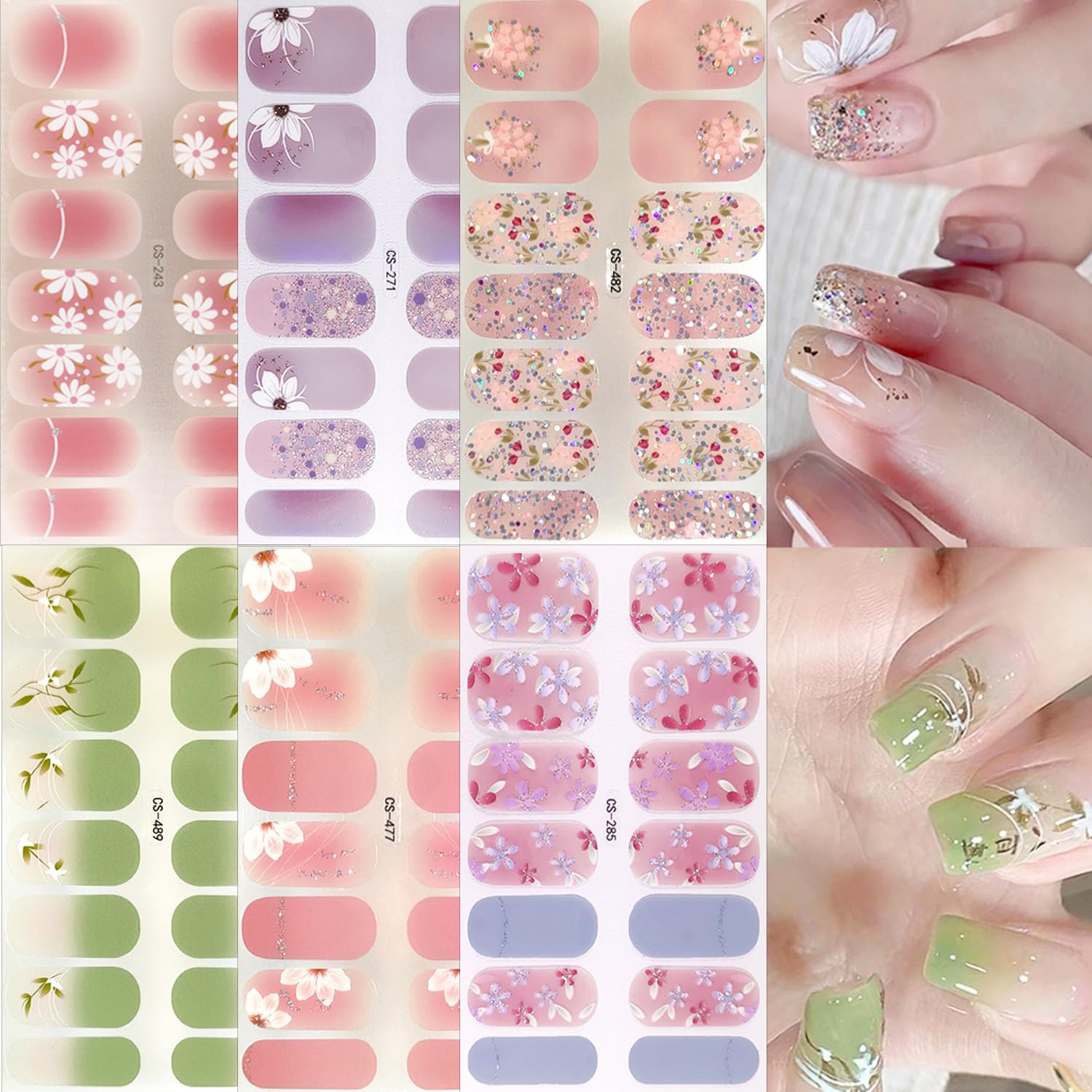 6 Sheets Spring Gel Nail Strips - Cherry Blossom Floral Design Self-Adhesive Nail Polish Wraps for Women & Girls | Long Lasting Summer Nail Art Supplies | Perfect for Parties, Weddings & Daily Manicures