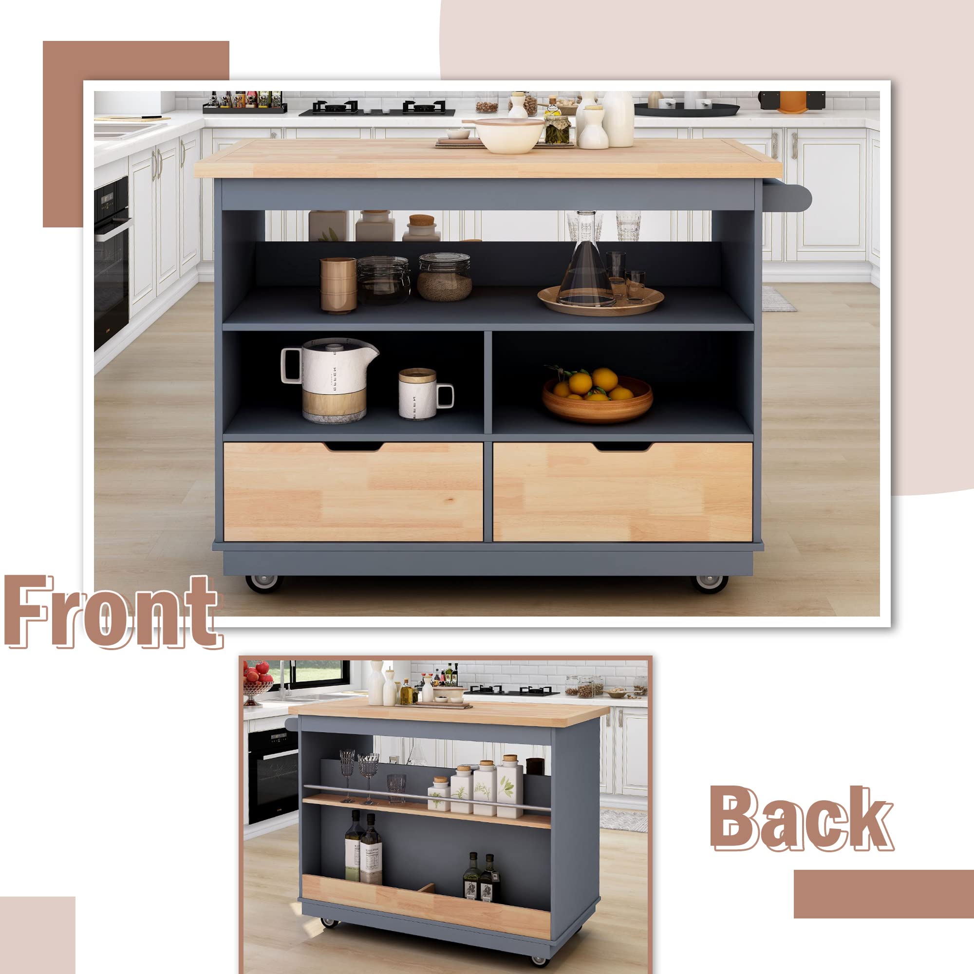 LZ LEISURE ZONE 46-Inch Blue Kitchen Island Cart with 2 Drawers & Shelves - Rolling Mobile Kitchen Storage Cabinet for Dining Room, Small Apartment & Food Prep Station - Perfect for Organizing Utensils, Cookware & Tableware