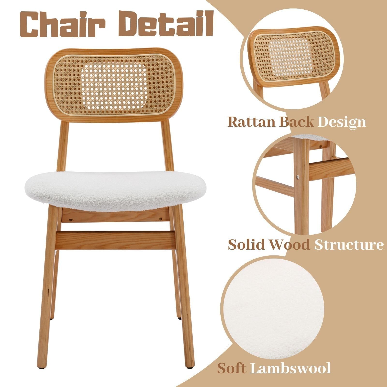 2 Pack White Lambswool Rattan Dining Chairs - Natural Wooden Farmhouse Kitchen Side Chairs for Dining Room, Breakfast Nook & Outdoor Patio