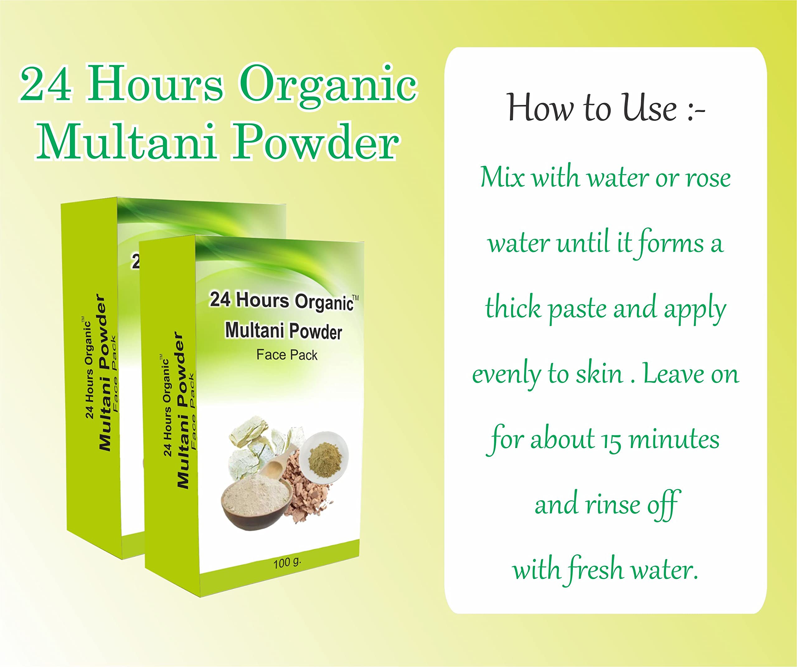 24 Hours Organic Multani Mitti Powder for Face Pack - 100% Pure & Natural Fuller's Earth Bentonite Clay - Anti-Tan & Skin Brightening - 100g with Free Rose Water - Perfect for Glowing Skin, Acne Treatment & DIY Beauty Masks at Home