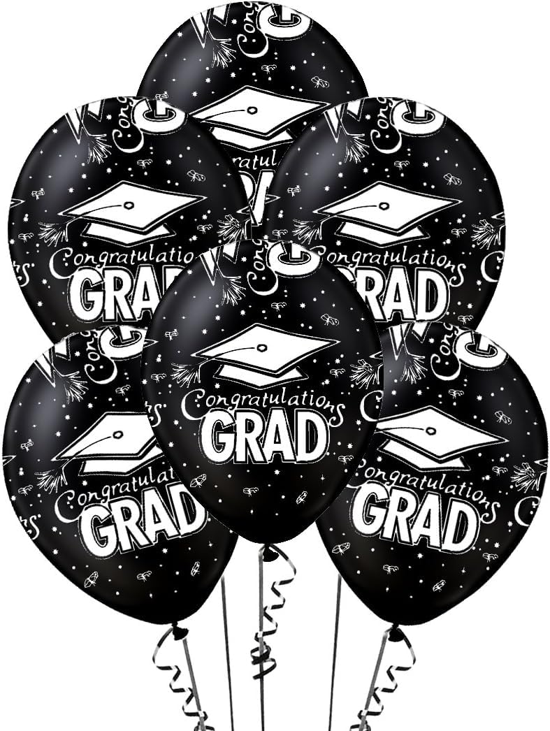 PMU Premium Black Graduation Balloons with All-Over Print White Graduation Caps, Confetti & Streamers - 25 Pack Latex Party Balloons for Graduation Decorations, Photo Backdrops & Celebration Events