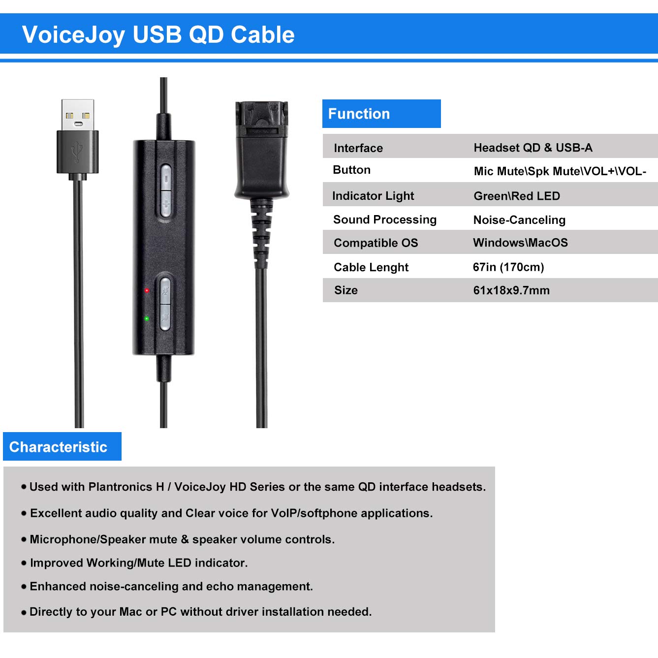 VoiceJoy QD to USB Adapter Cable with Volume Control & Separate Mute for Speaker/Microphone - Compatible with Plantronics Headsets (Perfect for Call Centers, Online Meetings & Gaming Headsets)