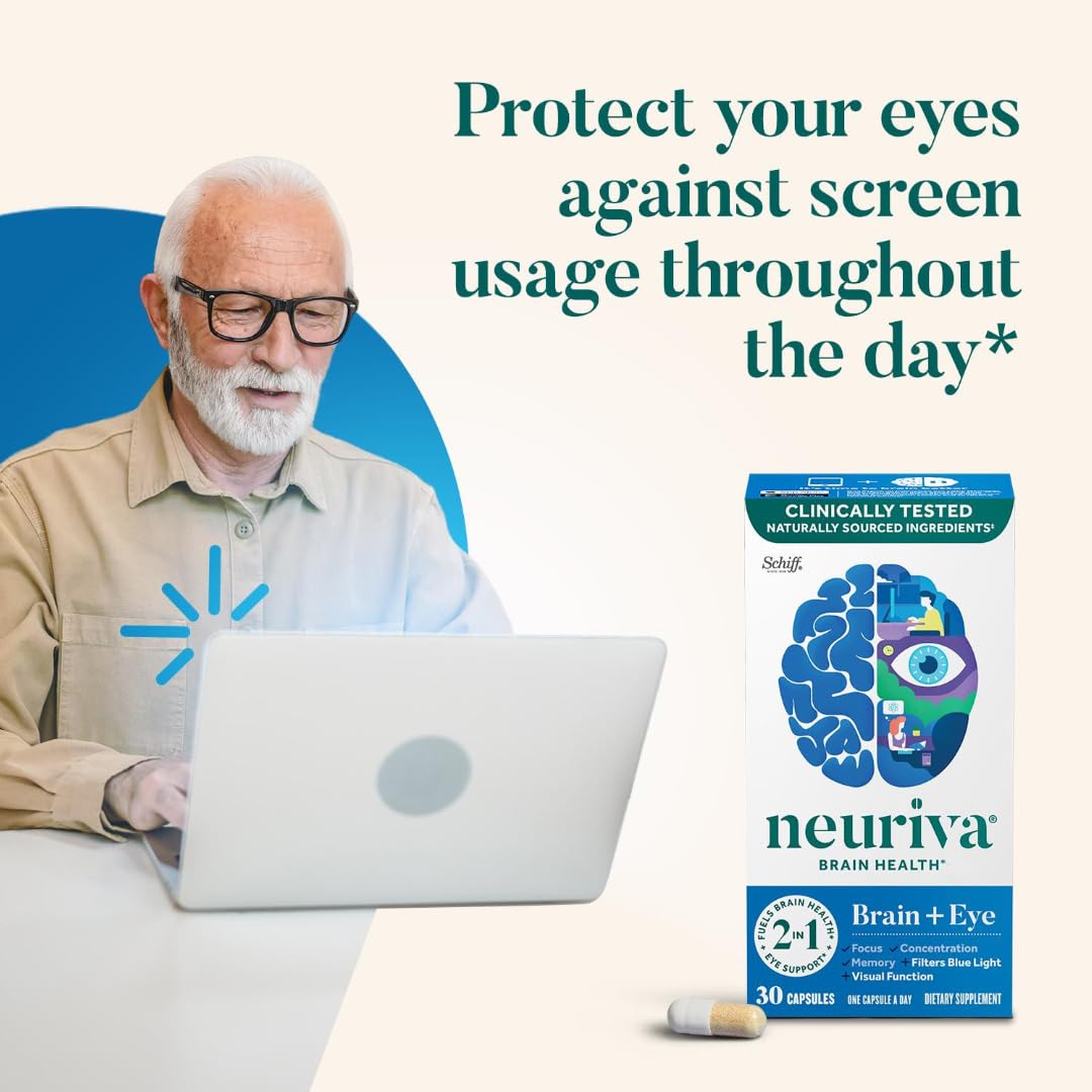 NEURIVA Brain & Eye Supplement for Memory, Focus & Concentration - Clinically Proven Lutein & Zeaxanthin with Vitamins A, C, E + Zinc - Supports Eye Health & Blue Light Protection - 30 Capsules (3 Pack) - Ideal for Students, Professionals & Gamers