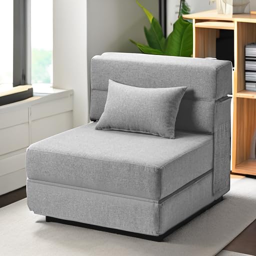 Convertible Folding Sofa Bed with Memory Foam Mattress & Pillow - Multi-Functional Sleeper Chair for Living Room, Dorm, Guest Room, Home Office - Light Gray - Perfect for Small Spaces, Overnight Guests & Studio Apartments