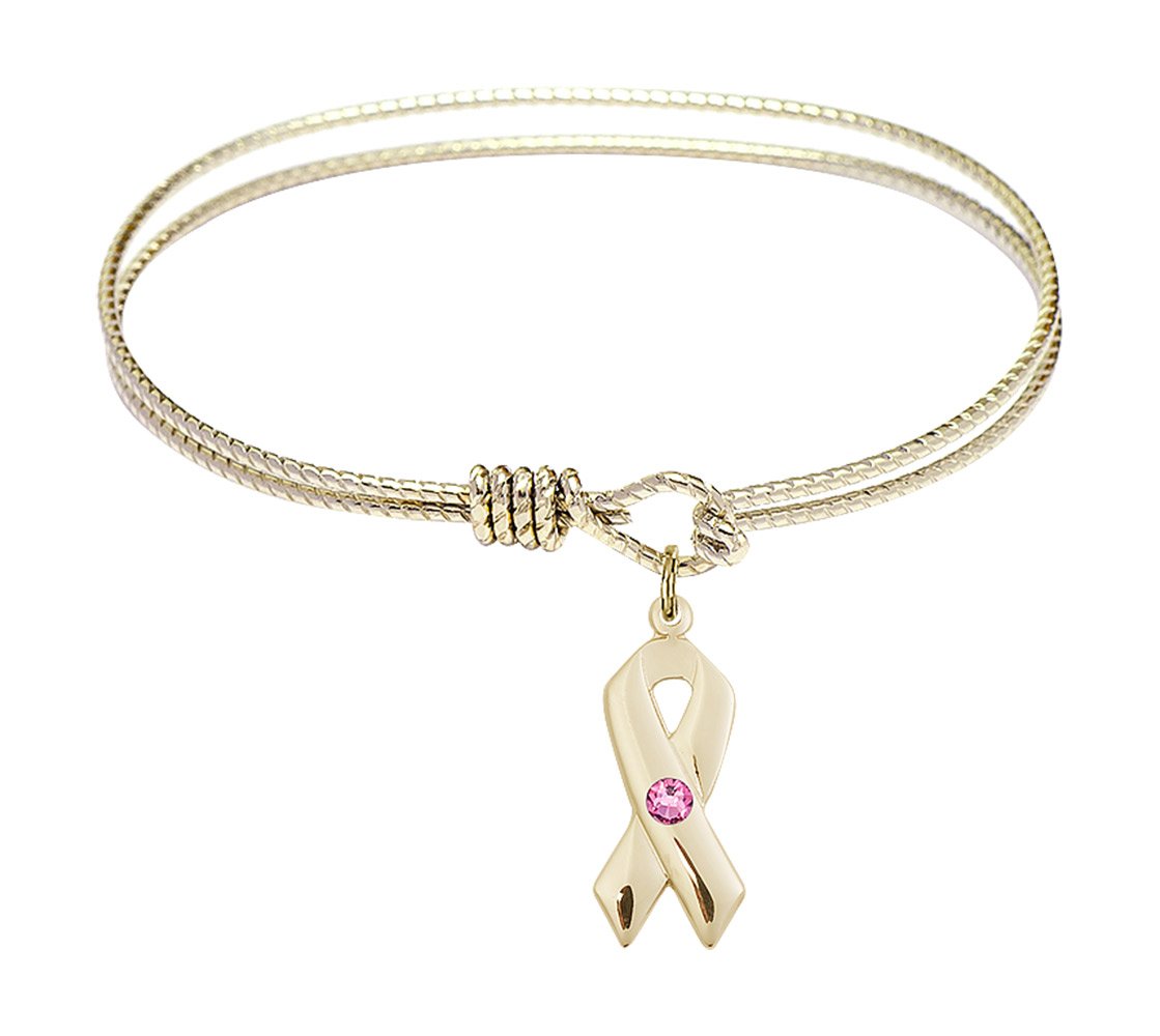 6 1/4 Inch Oval Eye Hook Bangle Bracelet with Cancer Awareness Charm & Rose Crystal - Elegant Jewelry Gift for Women, Survivors, Supporters (Ideal for Fundraisers, Awareness Events & Everyday Wear)