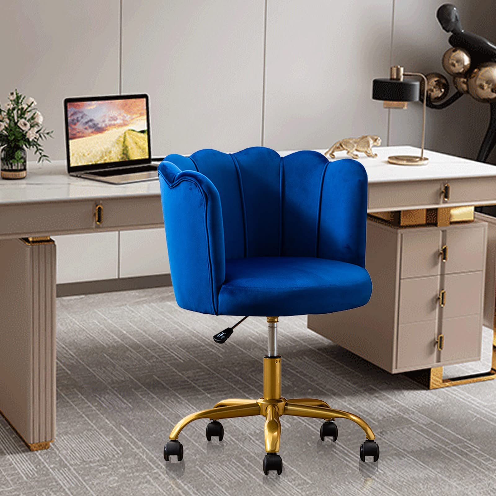Velvet Accent Chair for Home Office - Adjustable Height Retro Swivel Chair with Rolling Wheels & Metal Base, Ergonomic Velvet Task Makeup Computer Chair for Vanity, Cafe & Workspace (Blue 2) - Perfect for Small Spaces, Reading Nooks & Cozy Workstations