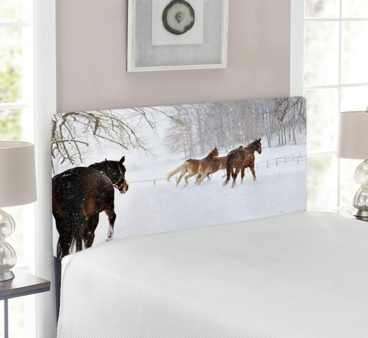 Ambesonne Winter Headboard - Horses in Snow Playing in Forest, Seasonal Animal Photography, Upholstered Metal Bed Headboard with Memory Foam, Twin Size, Brown & White - Perfect for Cozy Winter Bedrooms & Cabin Decor