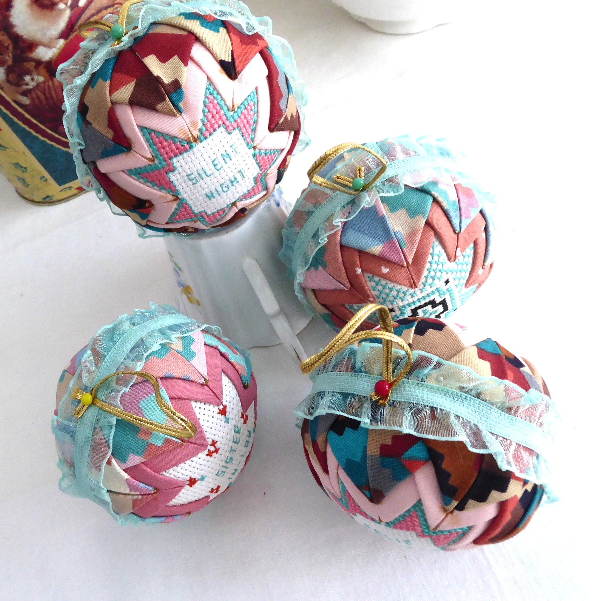 Handmade Cross Stitch Christmas Ornaments Set of 5 - Aqua, Salmon Pink & Burgundy Patchwork Decorations for Holiday Tree, Gift Giving & Festive Home Decor