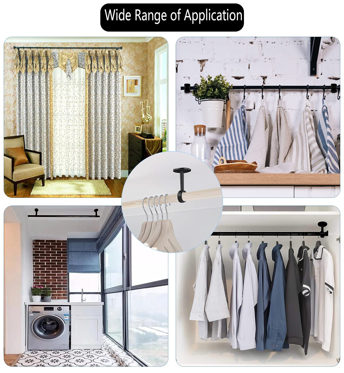 Jimmus 8-Piece 1-Inch Heavy Duty Stainless Steel Ceiling Mount Curtain Rod Brackets - Flange Closet Rod Holder & Pole End Supports Socket in Black - Perfect for Bedroom, Living Room & Closet Organization