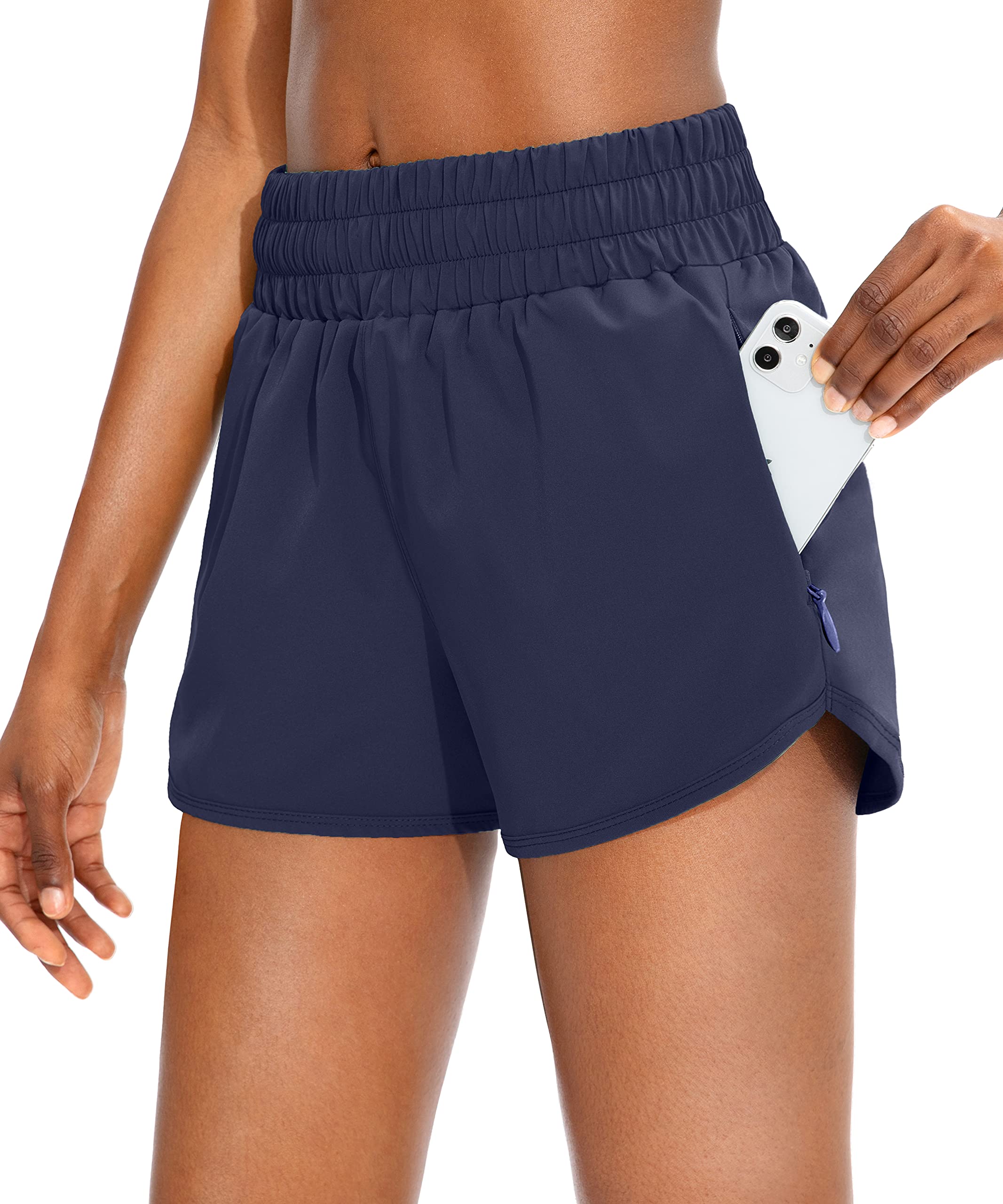 **SANTINY Women's High Waisted Running Shorts with Zip Pockets - Breathable Athletic Workout Gym Shorts with Liner - Perfect for Jogging, Yoga & Fitness Training**