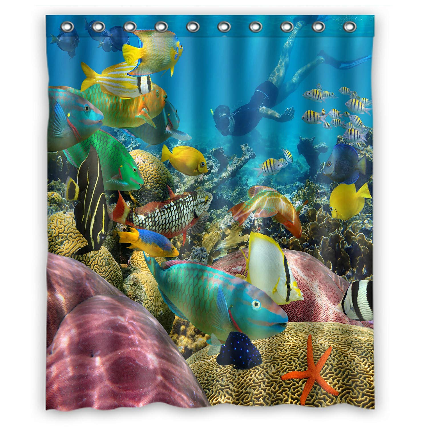 ECZJNT Waterproof Shower Curtain - Tropical Coral Reef & Colorful Fish Underwater Design, 60x72 Inch Bathroom Decor for Beach Theme, Ocean Lovers - Perfect for Coastal Homes, Vacation Rentals & Spa Bathrooms