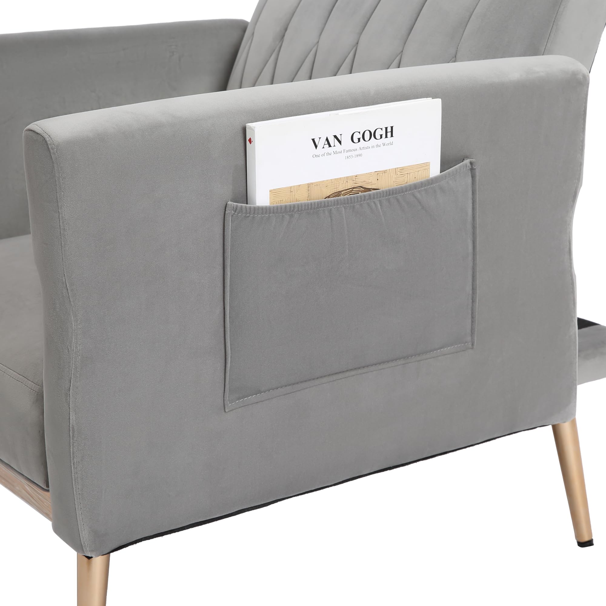 Modern Velvet Chaise Lounge Chair with 3 Reclining Positions - Convertible Recliner to Bed, Adjustable Futon Sofa Sleeper for Living Room, Bedroom, Apartment, Dorm & Office - Soft Grey Velvet Upholstery - Perfect for Lounging, Napping & Small Space Living